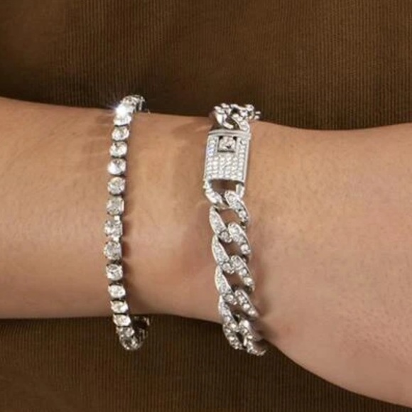 Icy Bling Tennis & Chain Link silver Bracelets set - Picture 1 of 4